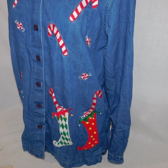 Austin Clothing Co Womens M Christmas Candy Cane Stocking Chambray LS Shirt - Picture 7 of 10
